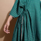 Bottle Green Checks Handspun Cotton Knee Length Kaftan Dress