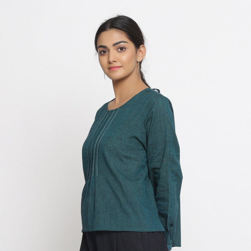 Left View of a Model wearing Bottle Green Cotton Striped High Low Top