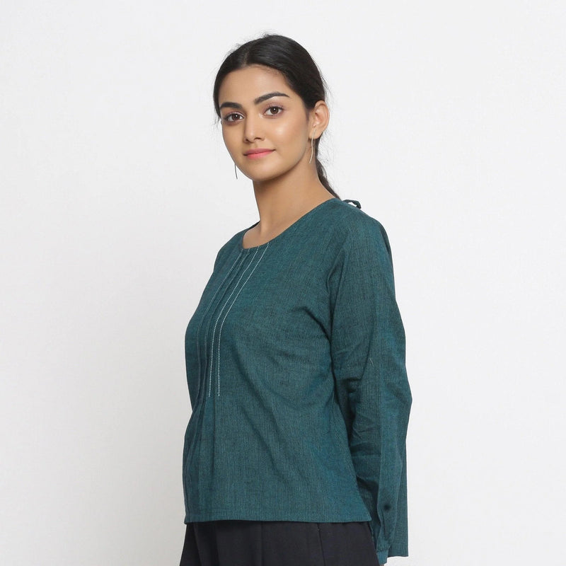 Left View of a Model wearing Bottle Green Cotton Striped High-Low Top