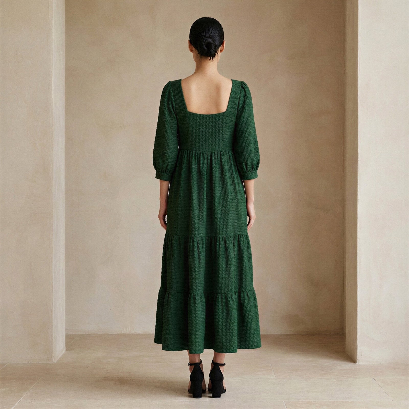 Bottle Green Cotton Waffle Square Neck Tiered Midi Dress 52