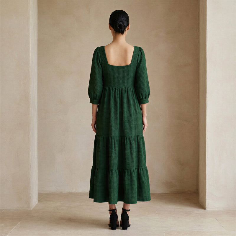 Buy Bottle Green Cotton Waffle Square Neck Tiered Midi Dress Online at  SeamsFriendly