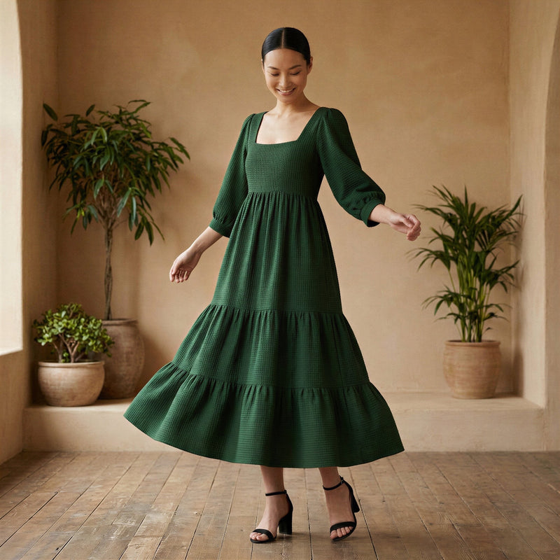 green emerald velvet dress Buy Bottle Green Cotton Waffle Square Neck Tiered Midi Dress Online at  SeamsFriendly main image 0