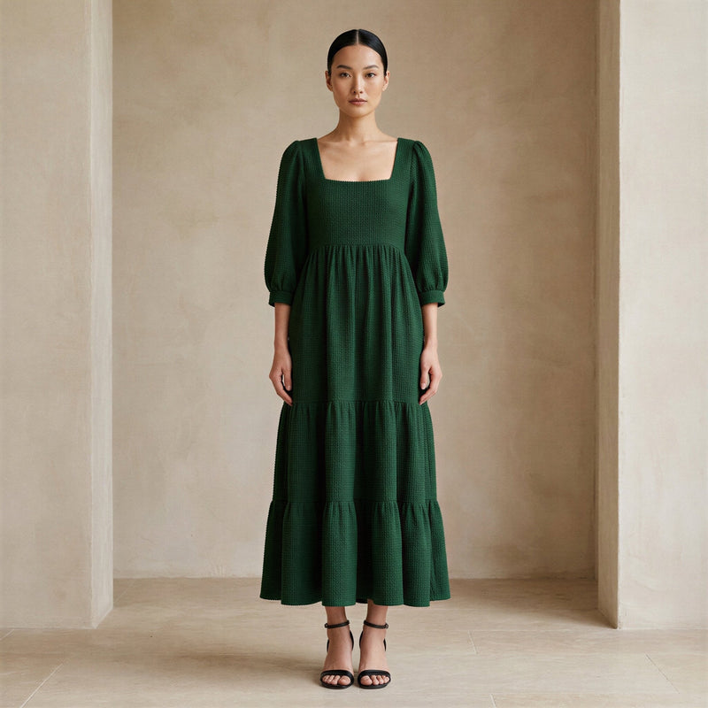 Bottle Green Cotton Waffle Square Neck Tiered Midi Dress 52" / Custom Height (Free) Bottle Green Cotton Waffle Square Neck Tiered Midi Dress 52" / Custom Height (Free)
