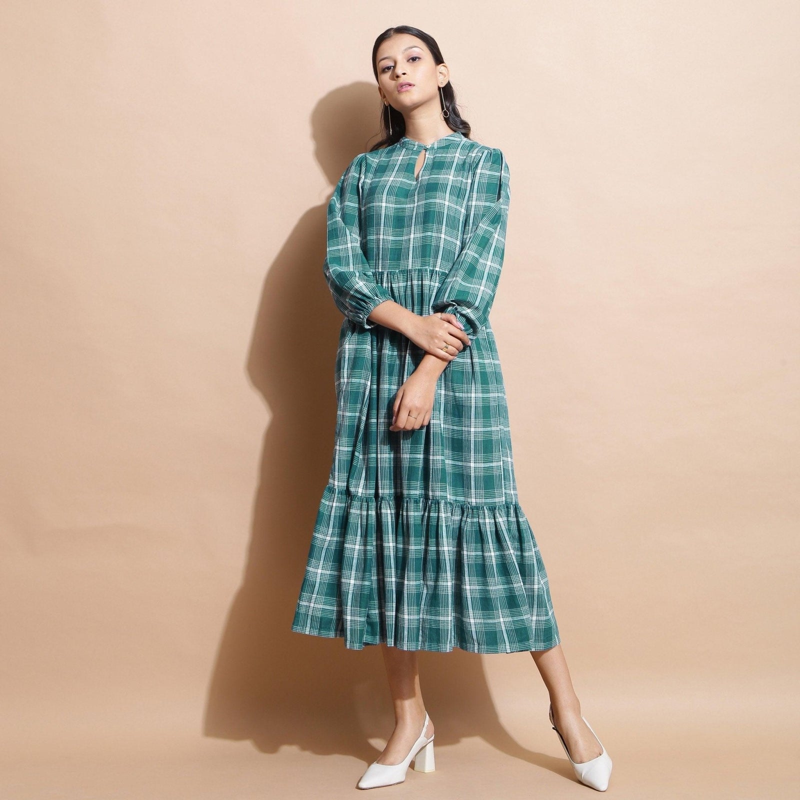 slim fit dress slacks Bottle Green Puff Sleeves Cotton Gathered Maxi Dress 48