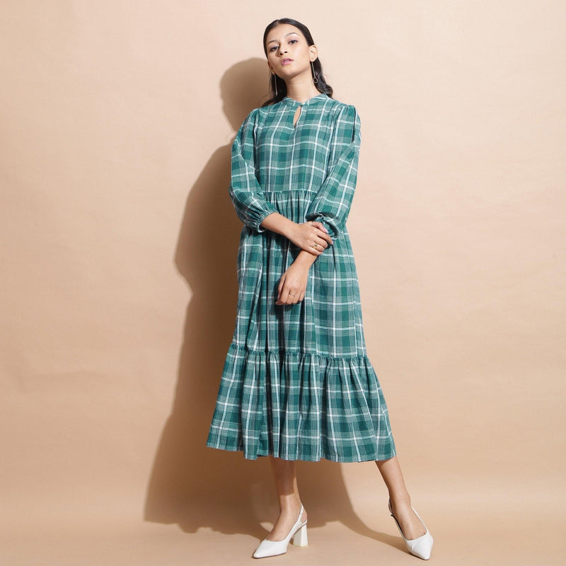 Front View of a Model wearing Bottle Green Puff Sleeves Gathered Dress