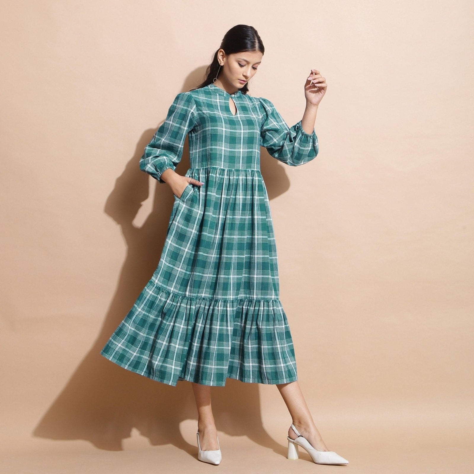 Bottle Green Puff Sleeves Cotton Gathered Maxi Dress 36
