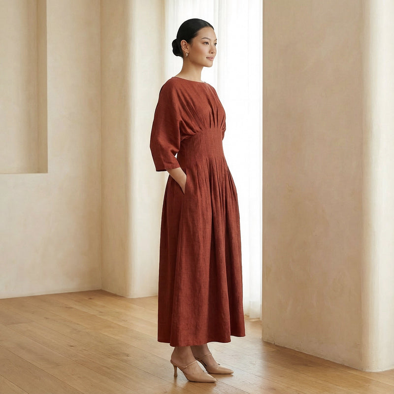 Buy Brick Red 100% Cotton Cinched Waist Flared Maxi Dress Online at SeamsFriendly Buy Brick Red 100% Cotton Cinched Waist Flared Maxi Dress Online at SeamsFriendly
