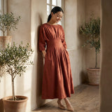 Brick Red 100% Cotton Cinched Waist Flared Maxi Dress