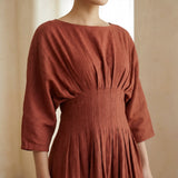 Brick Red 100% Cotton Cinched Waist Flared Maxi Dress