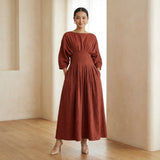 Brick Red 100% Cotton Cinched Waist Flared Maxi Dress