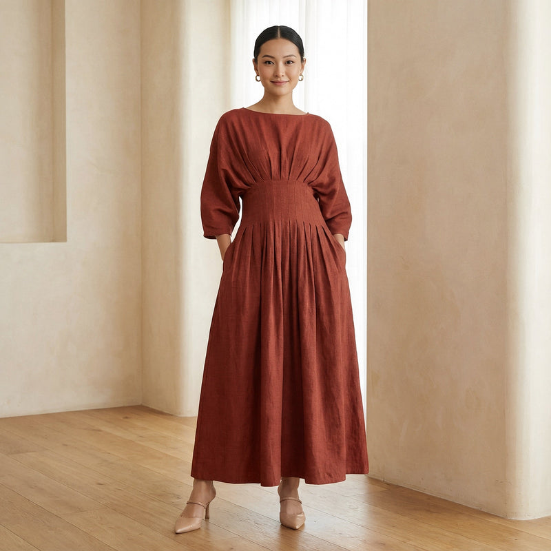 Buy Brick Red 100% Cotton Cinched Waist Flared Maxi Dress Online at SeamsFriendly Buy Brick Red 100% Cotton Cinched Waist Flared Maxi Dress Online at SeamsFriendly