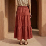Brick Red 100% Cotton Elasticated Maxi Tier Skirt