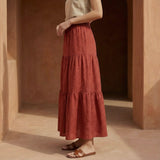 Brick Red 100% Cotton Elasticated Maxi Tier Skirt