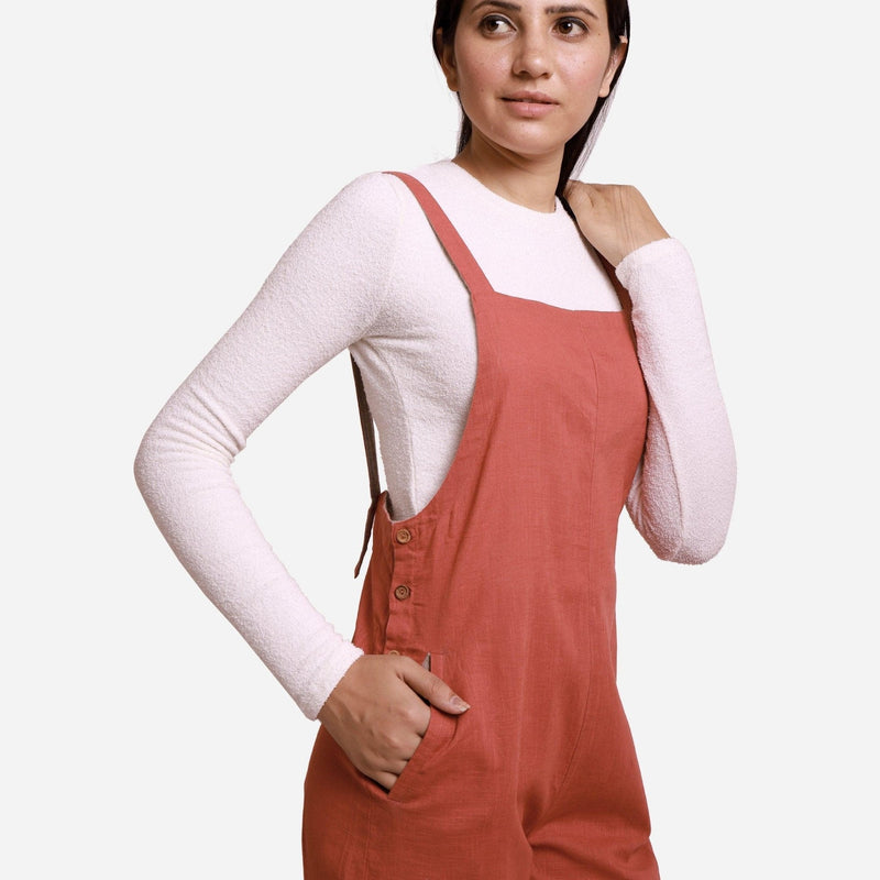 Front Detail of a Model wearing Brick Red 100% Cotton Pinafore Midi Dungaree