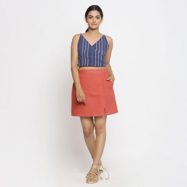 Front View of a Model wearing Brick Red Cotton Short A-Line Skirt