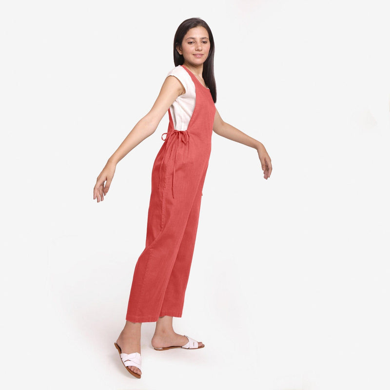 Right View of a Model wearing Brick Red Waist Tie Up Pinafore Jumpsuit