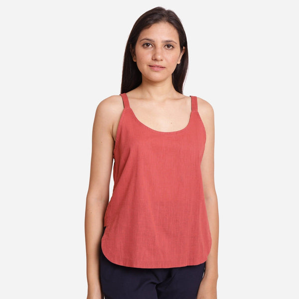 Front Detail of a Model wearing Brick Red Cotton Spaghetti Strap Top