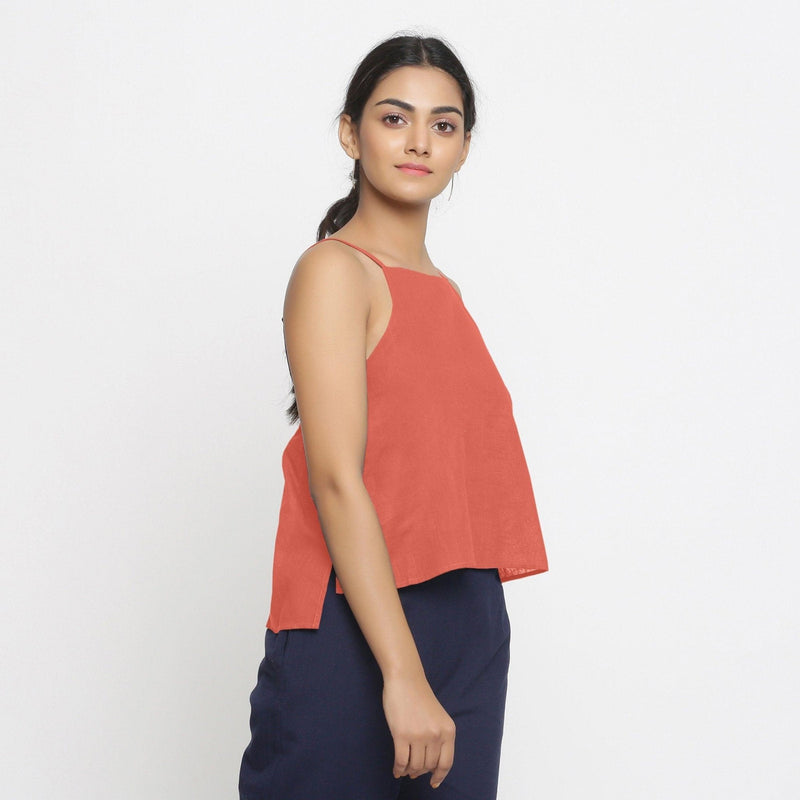 Right View of a Model wearing Red Strappy Everyday Cotton Spaghetti Top