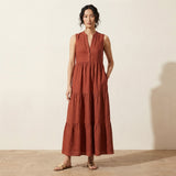 Brick Red 100% Cotton V-Neck Maxi Tier Dress