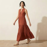 Brick Red 100% Cotton V-Neck Maxi Tier Dress