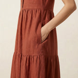 Brick Red 100% Cotton V-Neck Maxi Tier Dress