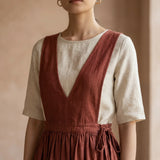 Brick Red 100% Cotton V-Neck Pinafore Midi Wrap Dress