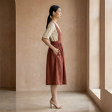 Brick Red 100% Cotton V-Neck Pinafore Midi Wrap Dress