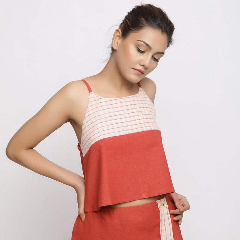 Front View of a Model wearing Vegetable Dyed Brick Red Spaghetti Top