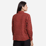 Back View of a Model wearing Bagru Block Print Mandarin Collar Shirt