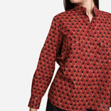 Front Detail of a Model wearing Bagru Block Print Mandarin Collar Shirt