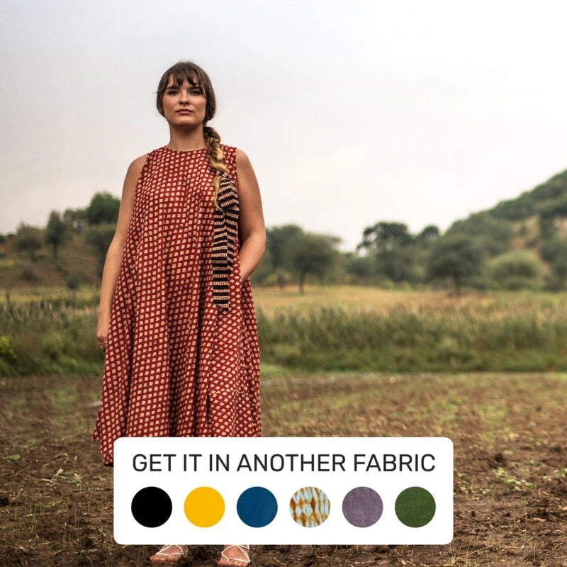 Front View of a Model wearing Bagru Print Cotton A-Line Tent Dress