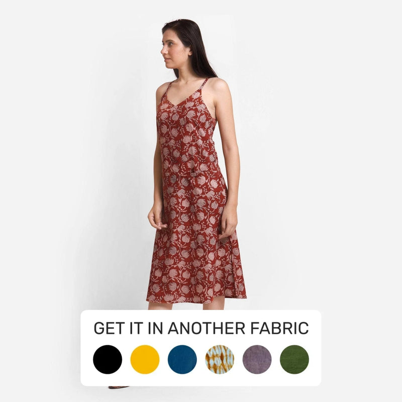 Brick Red Block Printed Cotton Camisole Midi Dress