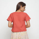 Front View of a Model wearing Brick Red Boat Neck Half Sleeve Cotton Top