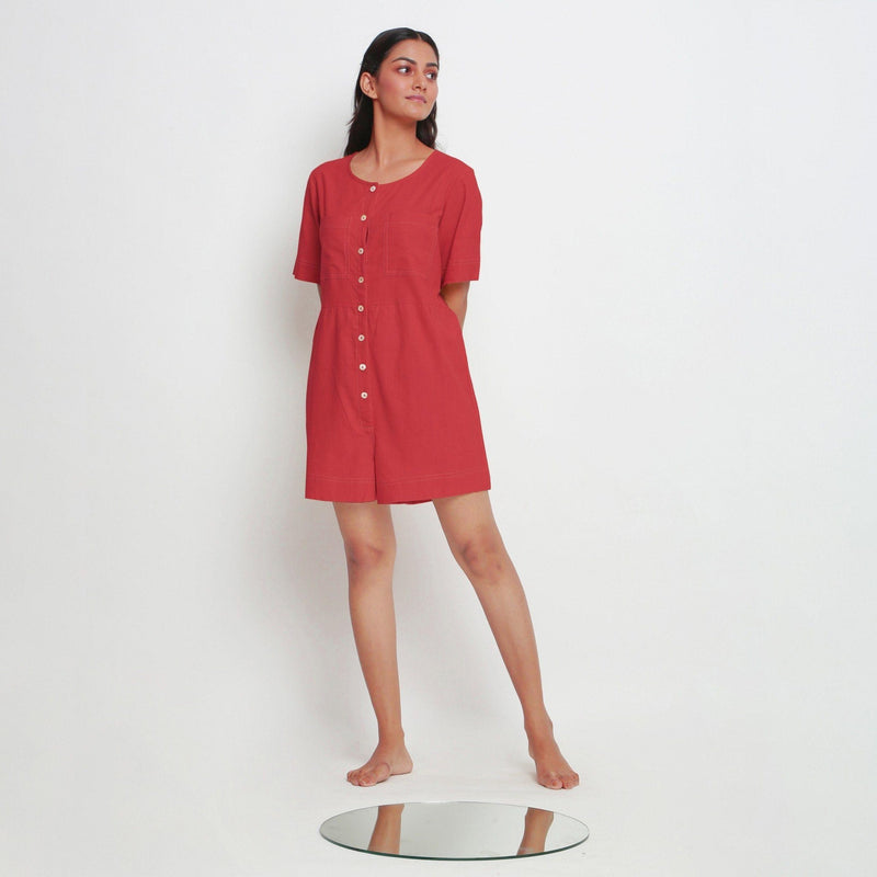 Front View of a Model wearing Brick Red Vegetable Dyed Romper