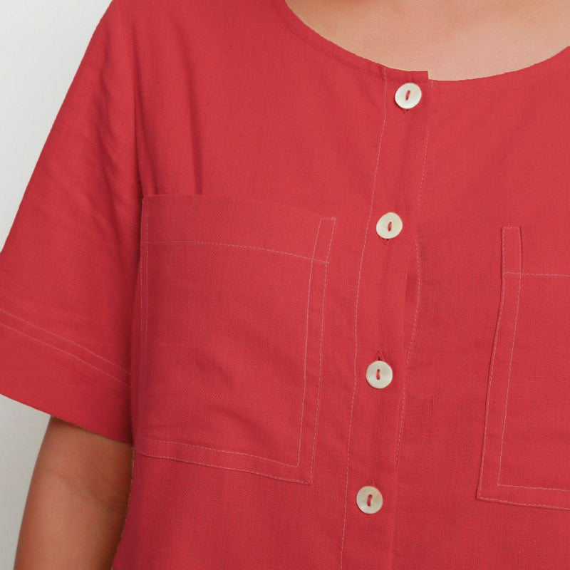 Front Detail of a Model wearing Brick Red Vegetable Dyed Romper