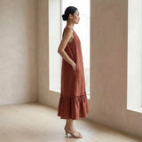 Brick Red Cotton A-Line V-Neck Sleeveless Maxi Tier Dress