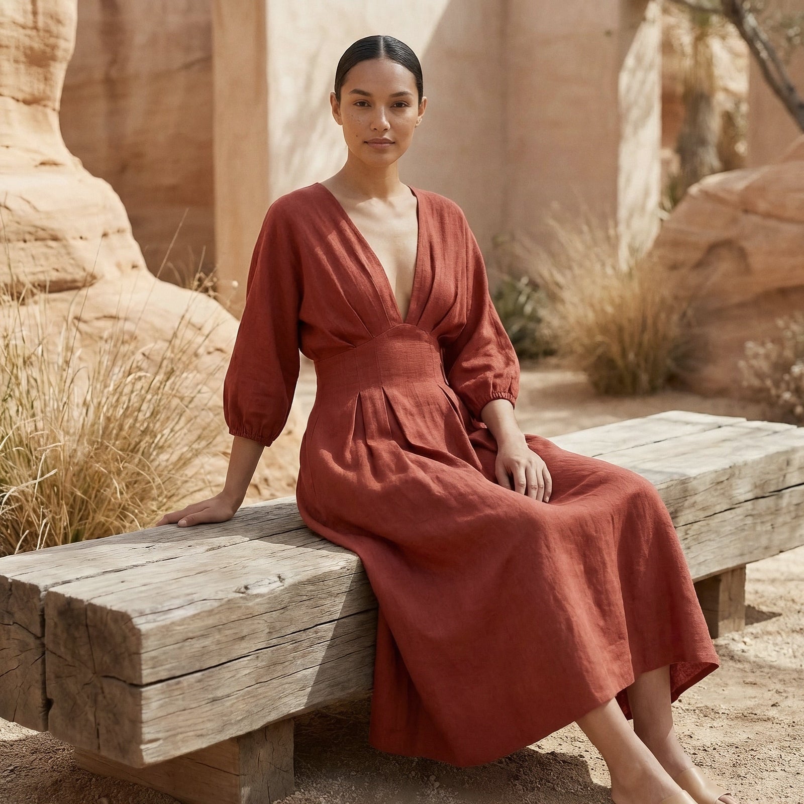 Brick Red Cotton Deep-V Neck Empire Waist Maxi Dress 50