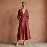 Brick Red Cotton Deep-V Neck Empire Waist Maxi Dress