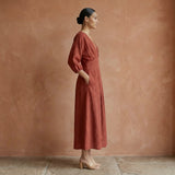 Brick Red Cotton Deep-V Neck Empire Waist Maxi Dress