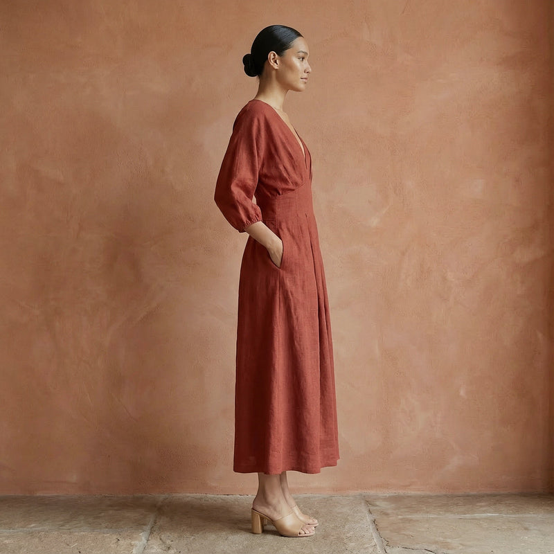 Brick Red Cotton Deep-V Neck Empire Waist Maxi Dress 50
