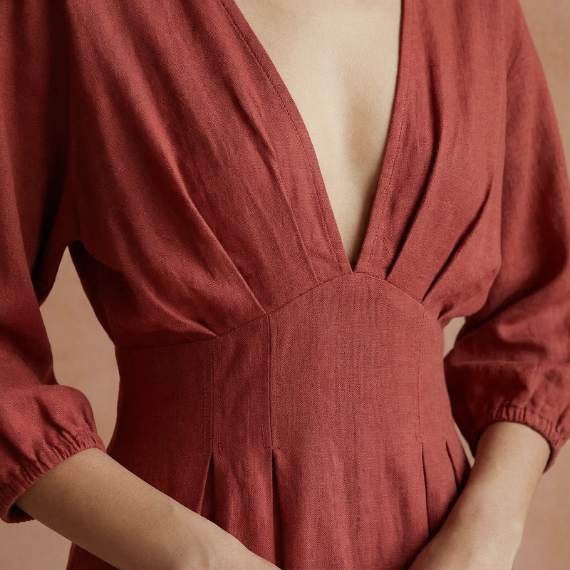 long sleeve empire waist maxi dress Brick Red Cotton Deep-V Neck 50