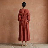 Brick Red Cotton Deep-V Neck Empire Waist Maxi Dress