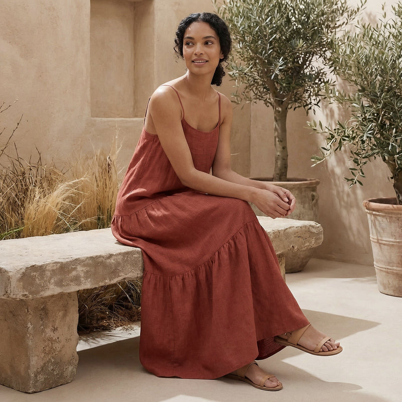 Brick Red Cotton Drop-Waist Camisole Maxi Tier Dress 44