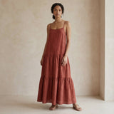 Brick Red Cotton Drop-Waist Camisole Maxi Tier Dress