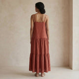 Brick Red Cotton Drop-Waist Camisole Maxi Tier Dress
