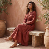 Brick Red Cotton Fit and Flare Maxi Tier Dress
