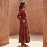 Brick Red Cotton Fit and Flare Maxi Tier Dress