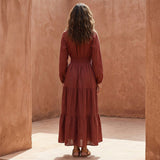 Brick Red Cotton Fit and Flare Maxi Tier Dress