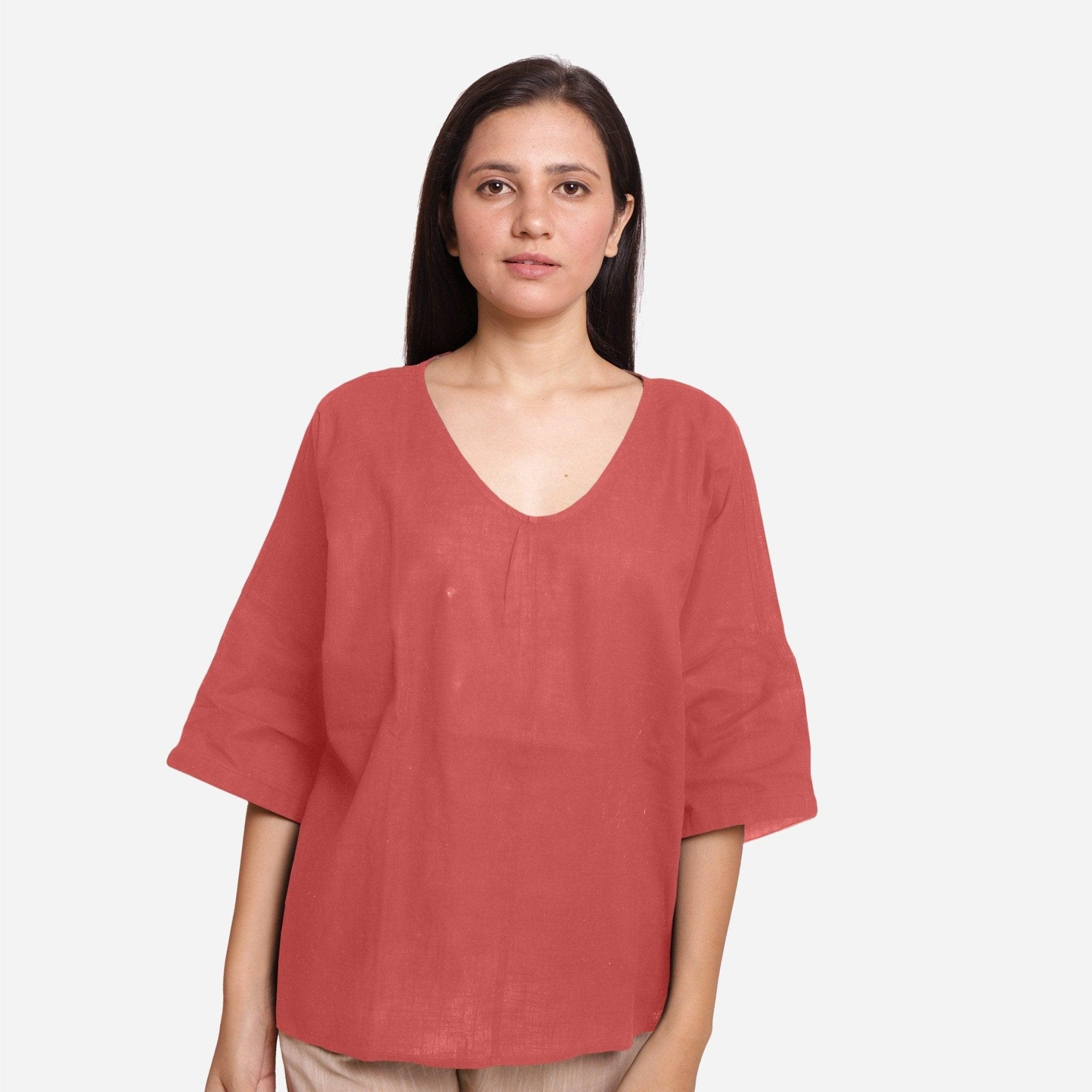 Buy Brick Red Cotton High-Low Drop Shoulder Top Online at SeamsFriendly