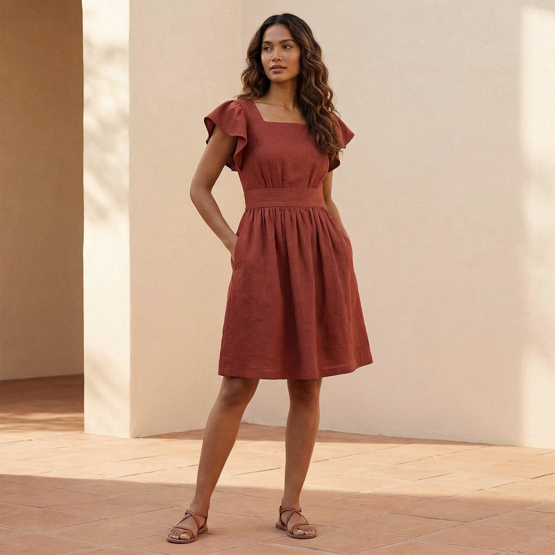 fit and flare knee length dresses for women Brick Red Cotton Open-Back Dress 58